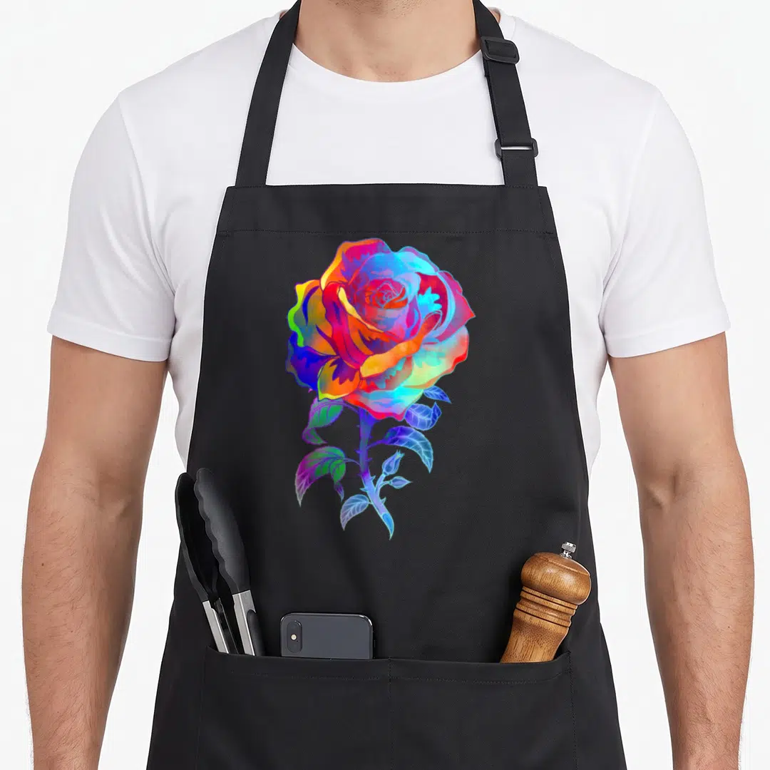 Water gardener apron - Rainbow rose watercolor with red blue yellow green purple petals stem leaves and bud — shown on a black cotton canvas apron against a white background