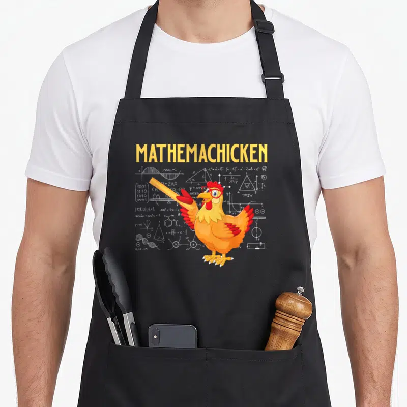 Mathemachicken chicken apron - Cartoon chicken with glasses holding ruler in front of math equations and MATHEMACHICKEN — shown on a black cotton canvas apron against a white background