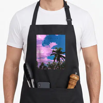 Vaporwave retrowave apron - AESTHETIC text and Japanese characters over palm trees in blue pink purple retro style — shown on a black cotton canvas apron against a white background