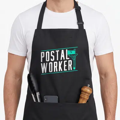 Courier postman postal aprons - Stacked white POSTAL WORKER text beside a teal mailbox icon framed by two diagonal lines — shown on a black cotton canvas apron against a white background