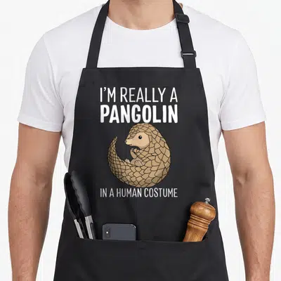 Pangolin halloween apron - Tan cartoon pangolin curled up between white text reading I'M REALLY A PANGOLIN IN A HUMAN — shown on a black cotton canvas apron against a white background