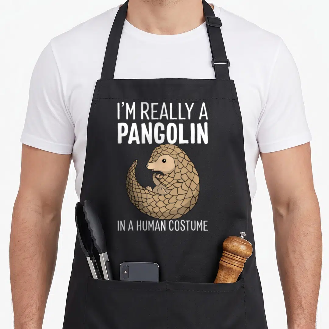Pangolin halloween apron - Tan cartoon pangolin curled up between white text reading I'M REALLY A PANGOLIN IN A HUMAN — shown on a black cotton canvas apron against a white background
