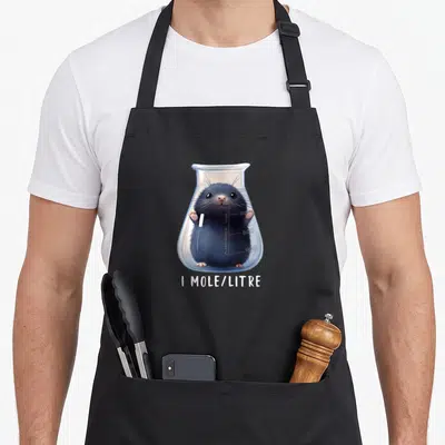 Student mole chemistry apron - Cartoon mole inside Erlenmeyer flask with 1 MOLE/LITRE text in grey blue white — shown on a black cotton canvas apron against a white background