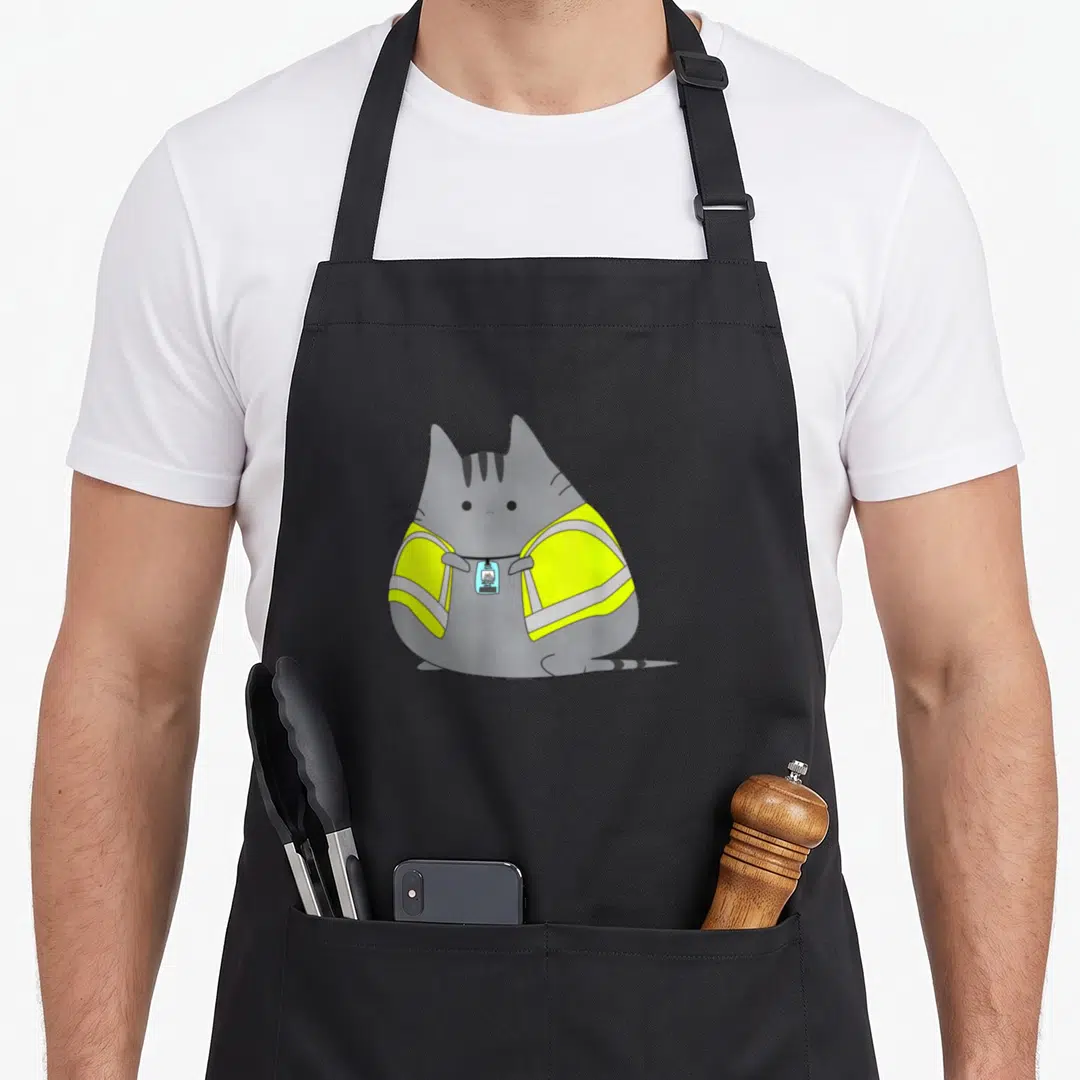 Chubby safety apron - Round grey cartoon cat in yellow safety vest with blue ID badge hanging from neck — shown on a black cotton canvas apron against a white background
