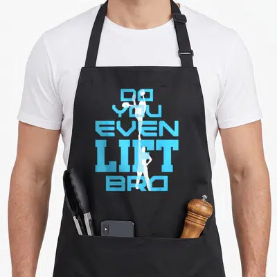 Retro cheerleader cheerleading apron - Blue stacked text DO YOU EVEN LIFT BRO with two white cheerleader silhouettes — shown on a black cotton canvas apron against a white background
