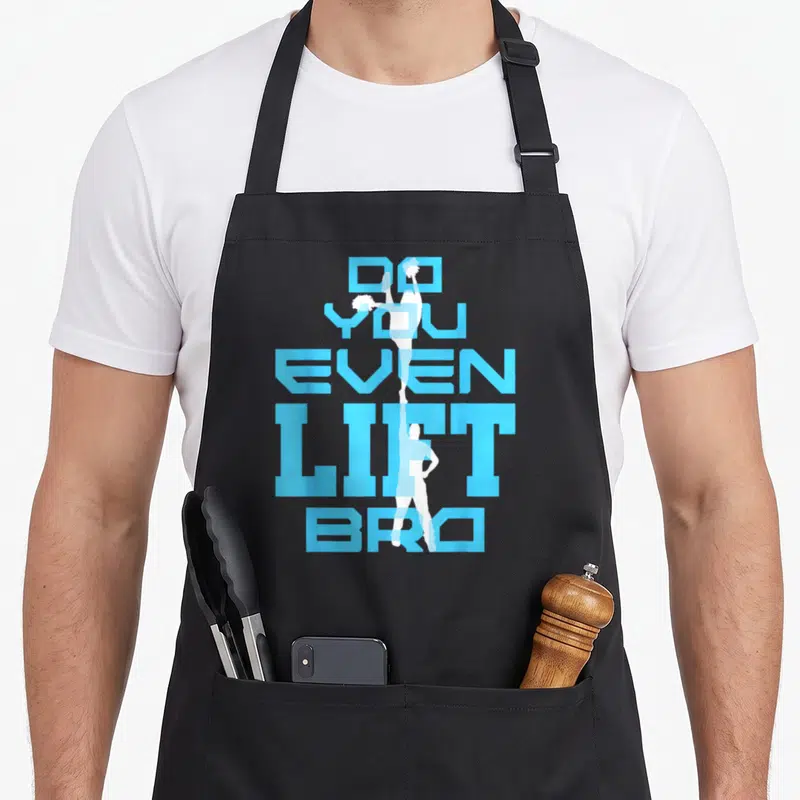 Retro cheerleader cheerleading apron - Blue stacked text DO YOU EVEN LIFT BRO with two white cheerleader silhouettes — shown on a black cotton canvas apron against a white background