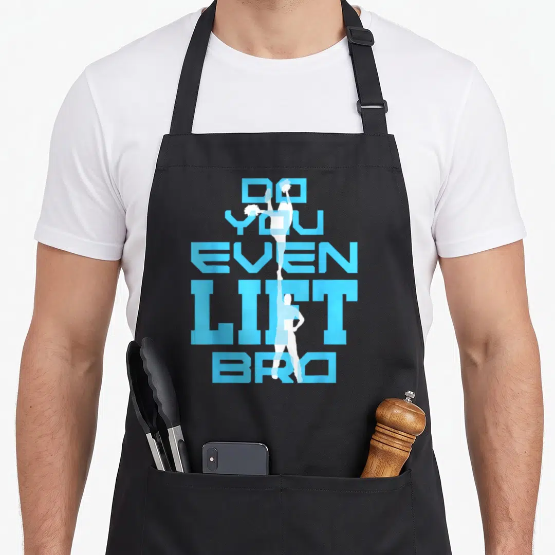 Retro cheerleader cheerleading apron - Blue stacked text DO YOU EVEN LIFT BRO with two white cheerleader silhouettes — shown on a black cotton canvas apron against a white background