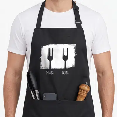 Rocker heavy apron - Plastic Metal text below standard and rock-sign forks in white distressed box — shown on a black cotton canvas apron against a white background