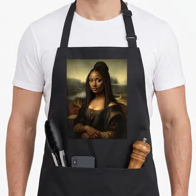 Mona african american aprons - Realistic portrait of a woman with braids against a mountain landscape in black and gold — shown on a black cotton canvas apron against a white background