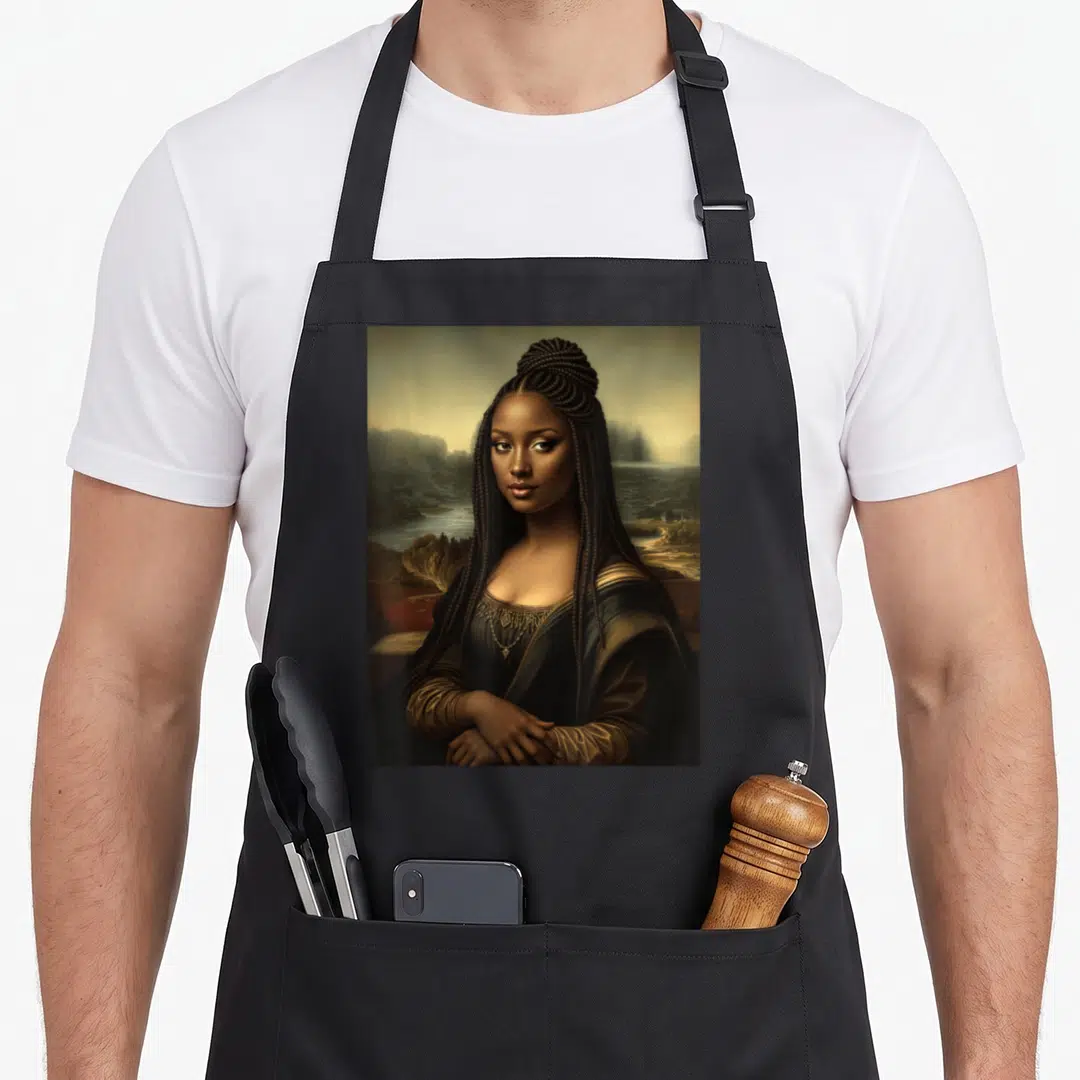 Mona african american aprons - Realistic portrait of a woman with braids against a mountain landscape in black and gold — shown on a black cotton canvas apron against a white background