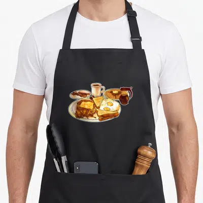 Funny special aprons - Cartoon breakfast plate with eggs, toast, hash browns, waffles, coffee cup, and syrup pitcher — shown on a black cotton canvas apron against a white background