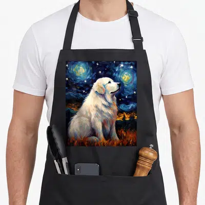 Surreal dog apron - White Great Pyrenees dog sitting under swirling blue yellow starry night sky watercolor art — shown on a black cotton canvas apron against a white background