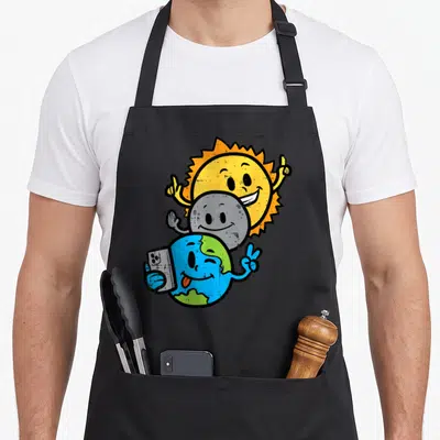 Selfie april apron - Cartoon Earth holding smartphone making peace sign with grey Moon and yellow Sun behind — shown on a black cotton canvas apron against a white background