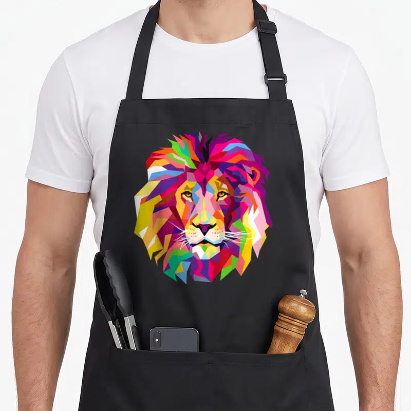 Elegant colorful apron - Multicolored geometric cartoon lion head face in red blue yellow green purple and pink — shown on a black cotton canvas apron against a white background
