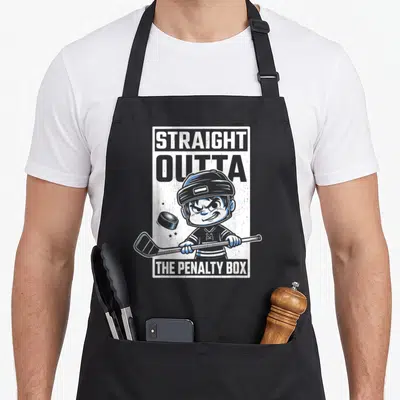 Youth box apron - Cartoon hockey player holding stick between text STRAIGHT OUTTA THE PENALTY BOX in blue and grey — shown on a black cotton canvas apron against a white background