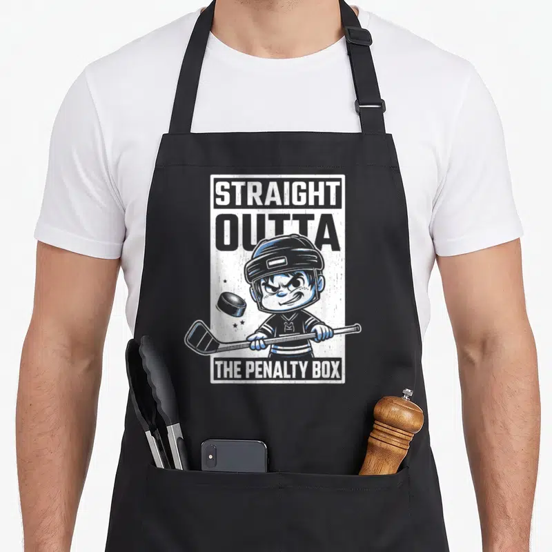 Youth box apron - Cartoon hockey player holding stick between text STRAIGHT OUTTA THE PENALTY BOX in blue and grey — shown on a black cotton canvas apron against a white background