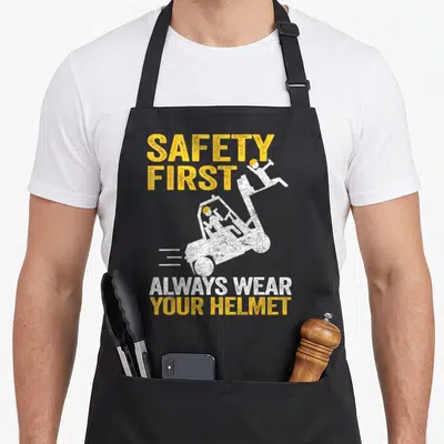 Safety warehouse apron - Forklift accident silhouette with yellow text SAFETY FIRST ALWAYS WEAR YOUR HELMET — shown on a black cotton canvas apron against a white background