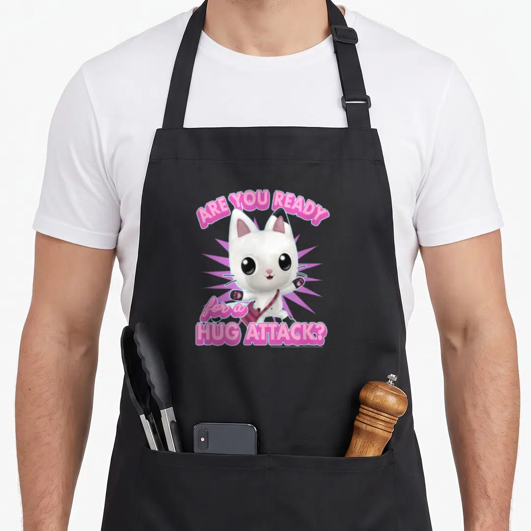 Gabby spin apron - White cartoon cat with pink text ARE YOU READY for a HUG ATTACK? on purple starburst — shown on a black cotton canvas apron against a white background