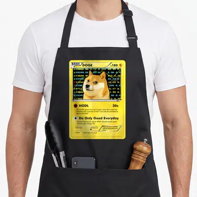 Dogecoin meme apron - Yellow Doge trading card with HODL text, HP 180, and financial chart data — shown on a black cotton canvas apron against a white background