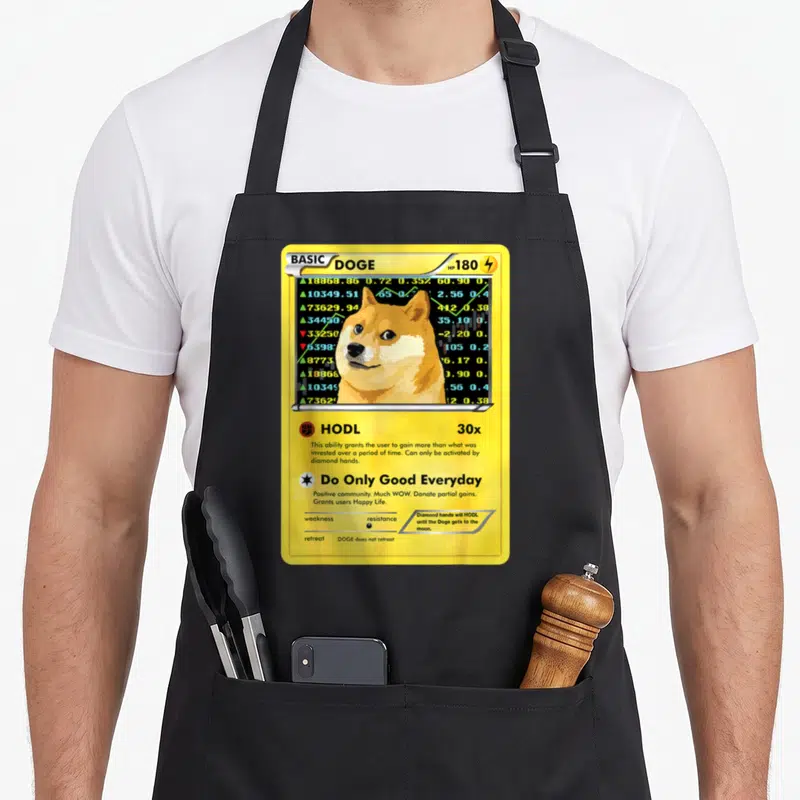 Dogecoin meme apron - Yellow Doge trading card with HODL text, HP 180, and financial chart data — shown on a black cotton canvas apron against a white background