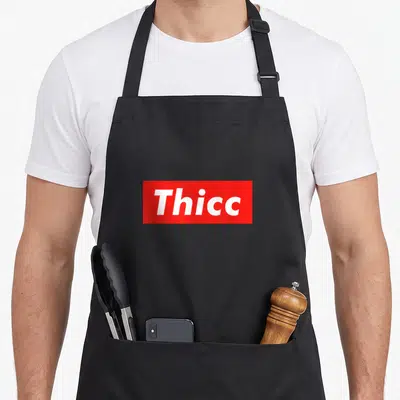 Thicc meme apron - White text Thicc inside a red horizontal rectangle box — shown on a black cotton canvas apron against a white background