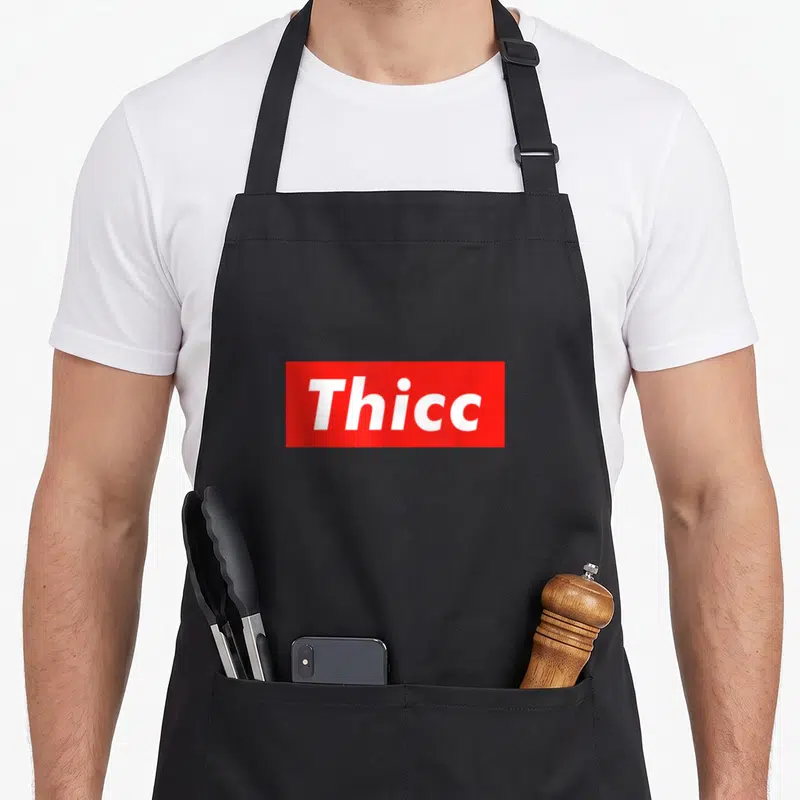 Thicc meme apron - White text Thicc inside a red horizontal rectangle box — shown on a black cotton canvas apron against a white background