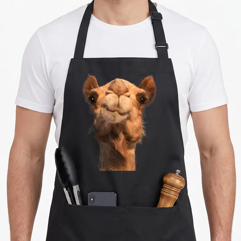 Camel face apron - Photorealistic brown and tan camel head portrait on black fabric — shown on a black cotton canvas apron against a white background