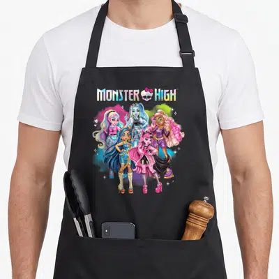 Monster rainbow apron - Five cartoon Monster High characters under a rainbow skull logo with pink, blue, purple — shown on a black cotton canvas apron against a white background