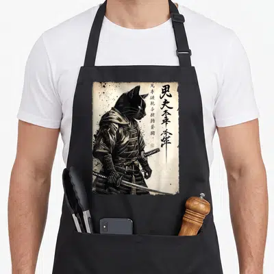 Funny samurai cat apron - Black cat samurai holding katana with vertical Japanese calligraphy on beige background — shown on a black cotton canvas apron against a white background