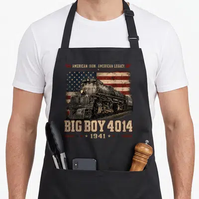 Train engine locomotive railroad apron - Big Boy 4014 steam locomotive over distressed US flag with 1941 date — shown on a black cotton canvas apron against a white background