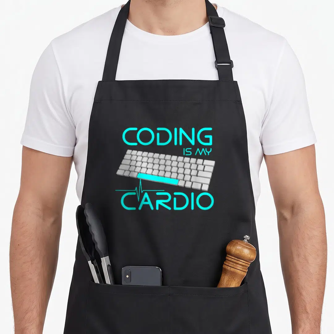 Coding engineer apron - Cyan CODING IS MY CARDIO text above grey keyboard with pulse line — shown on a black cotton canvas apron against a white background