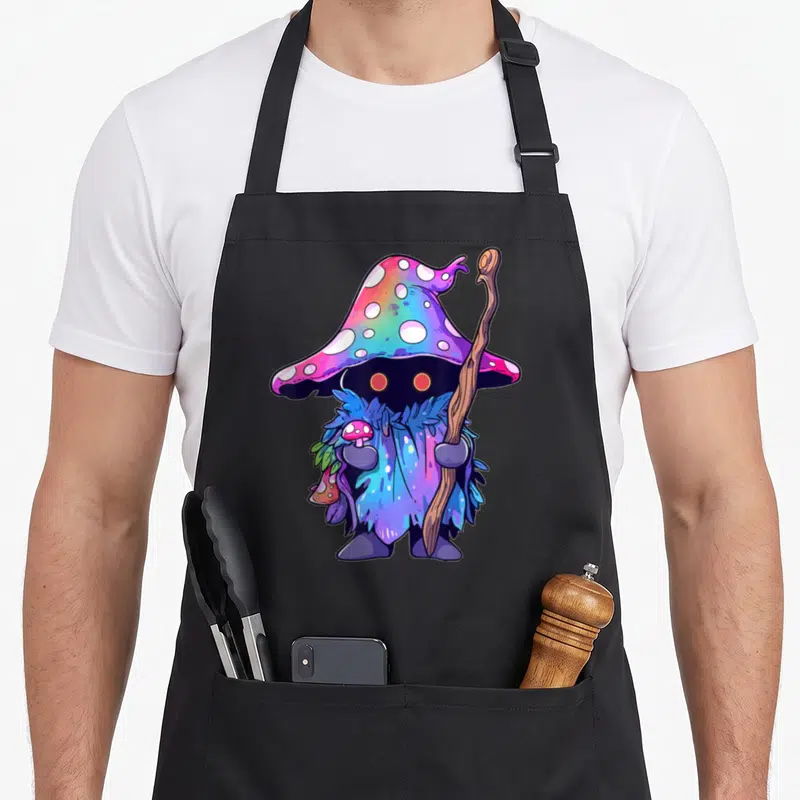 Festival edm apron - Cartoon mushroom creature with large hat, staff, and small mushrooms in purple blue pink brown — shown on a black cotton canvas apron against a white background