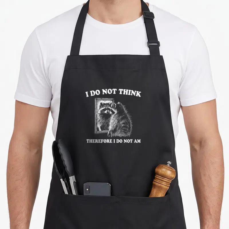 Raccoon philosopher apron - White line art of a raccoon looking into a mirror with philosophical text above and below — shown on a black cotton canvas apron against a white background