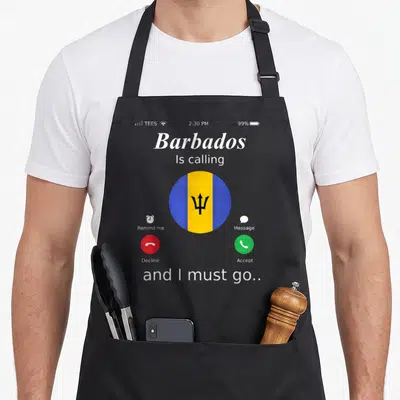 Calling barbados apron - Smartphone call screen with Barbados flag, red decline button, green accept button, and white — shown on a black cotton canvas apron against a white background