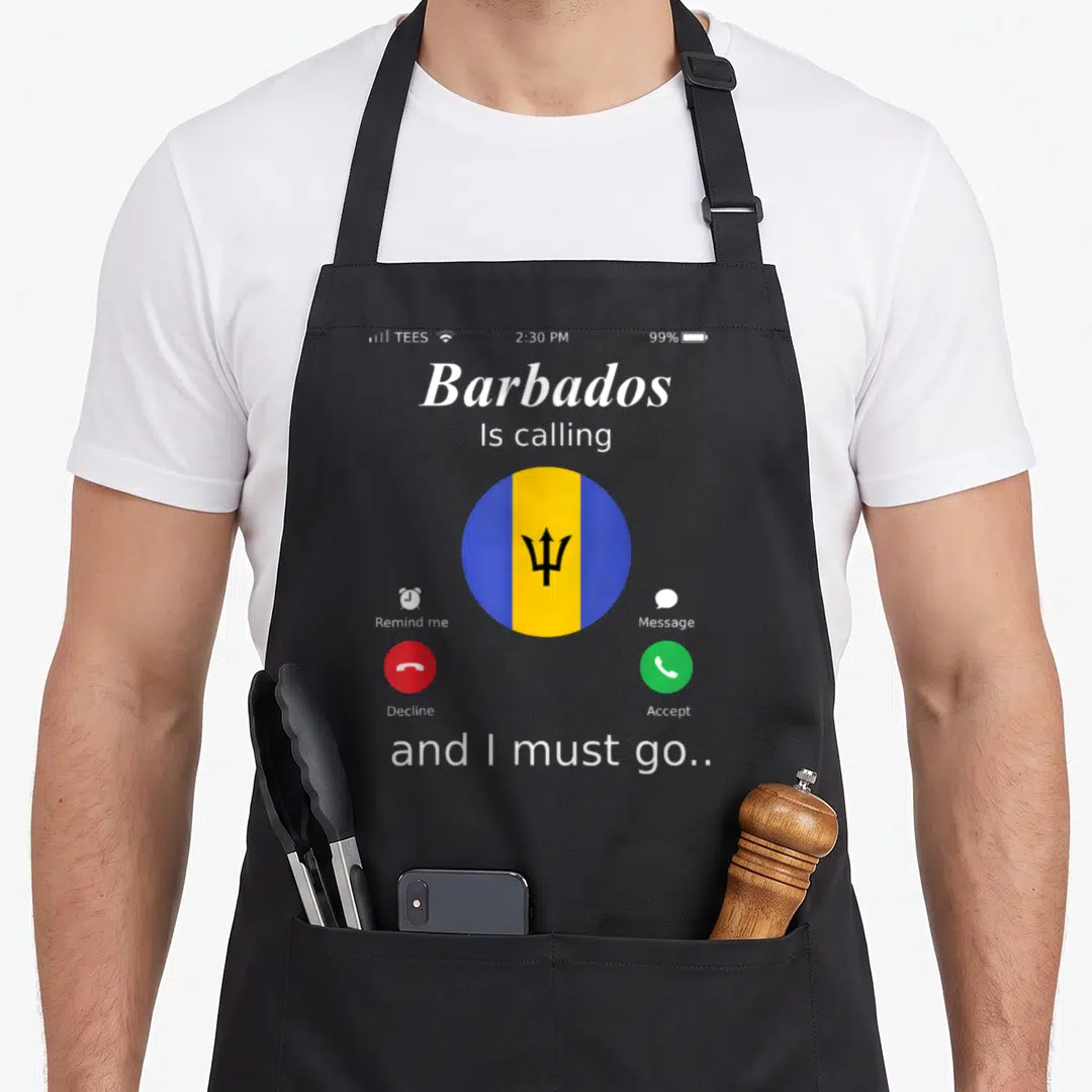Calling barbados apron - Smartphone call screen with Barbados flag, red decline button, green accept button, and white — shown on a black cotton canvas apron against a white background