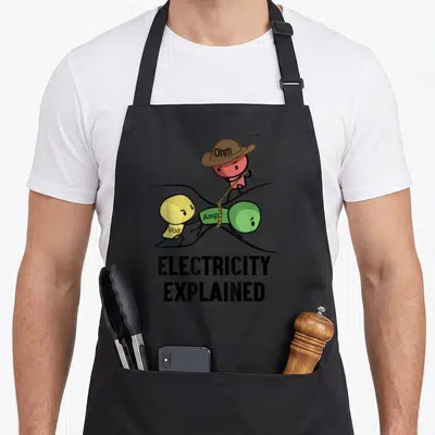 Explained teacher apron - Cartoon Ohm Volt Amp characters in tug of war with stacked text Electricity Explained below — shown on a black cotton canvas apron against a white background