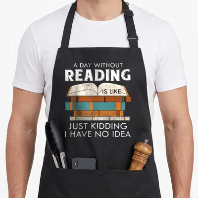 Book librarian nerd apron - Stack of orange and teal books with distressed white text reading A DAY WITHOUT READING IS — shown on a black cotton canvas apron against a white background