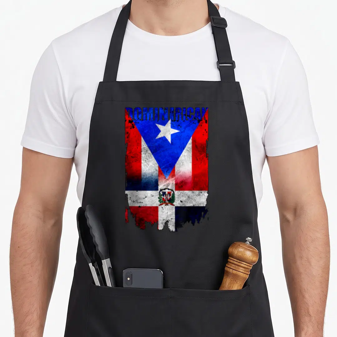 Dominirican preacher apron - DOMINICAN text over distressed Dominican Puerto Rico flag merge with coat of arms and star — shown on a black cotton canvas apron against a white background