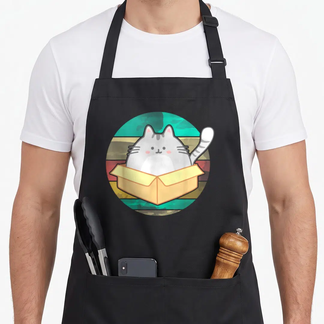 Box fat man in apron - Grey cartoon cat sitting in yellow box with teal, yellow, and red striped background — shown on a black cotton canvas apron against a white background