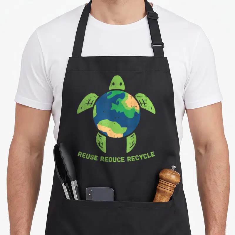 Reduce eco apron - Cartoon turtle with earth shell and Reuse Reduce Recycle text in green and blue — shown on a black cotton canvas apron against a white background