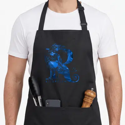 Cute ravenclaw apron - Blue stylized raven overlapping large R with RAVENCLAW text below — shown on a black cotton canvas apron against a white background