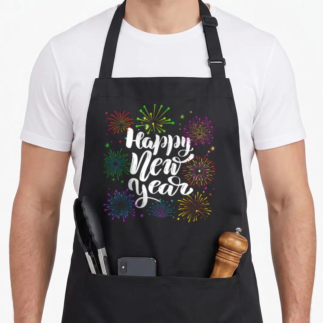 Countdown christmas eve apron - Happy New Year white script surrounded by multicolored fireworks and confetti dots — shown on a black cotton canvas apron against a white background