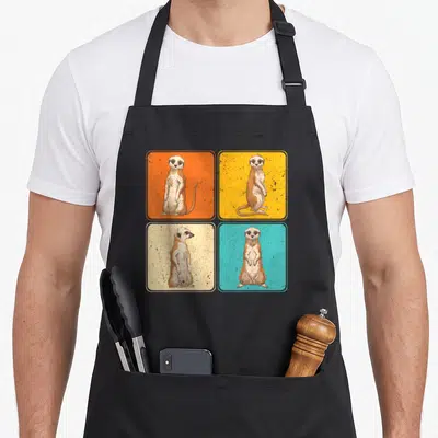 Pop africa animal apron - Four cartoon meerkats in orange yellow beige and blue pop art squares — shown on a black cotton canvas apron against a white background
