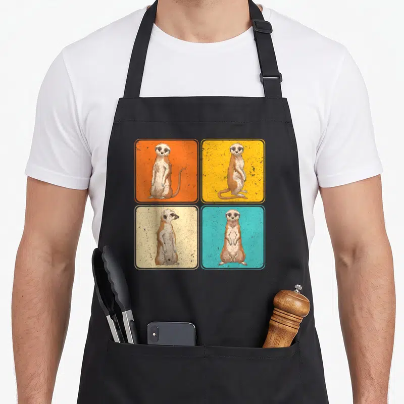 Pop africa animal apron - Four cartoon meerkats in orange yellow beige and blue pop art squares — shown on a black cotton canvas apron against a white background
