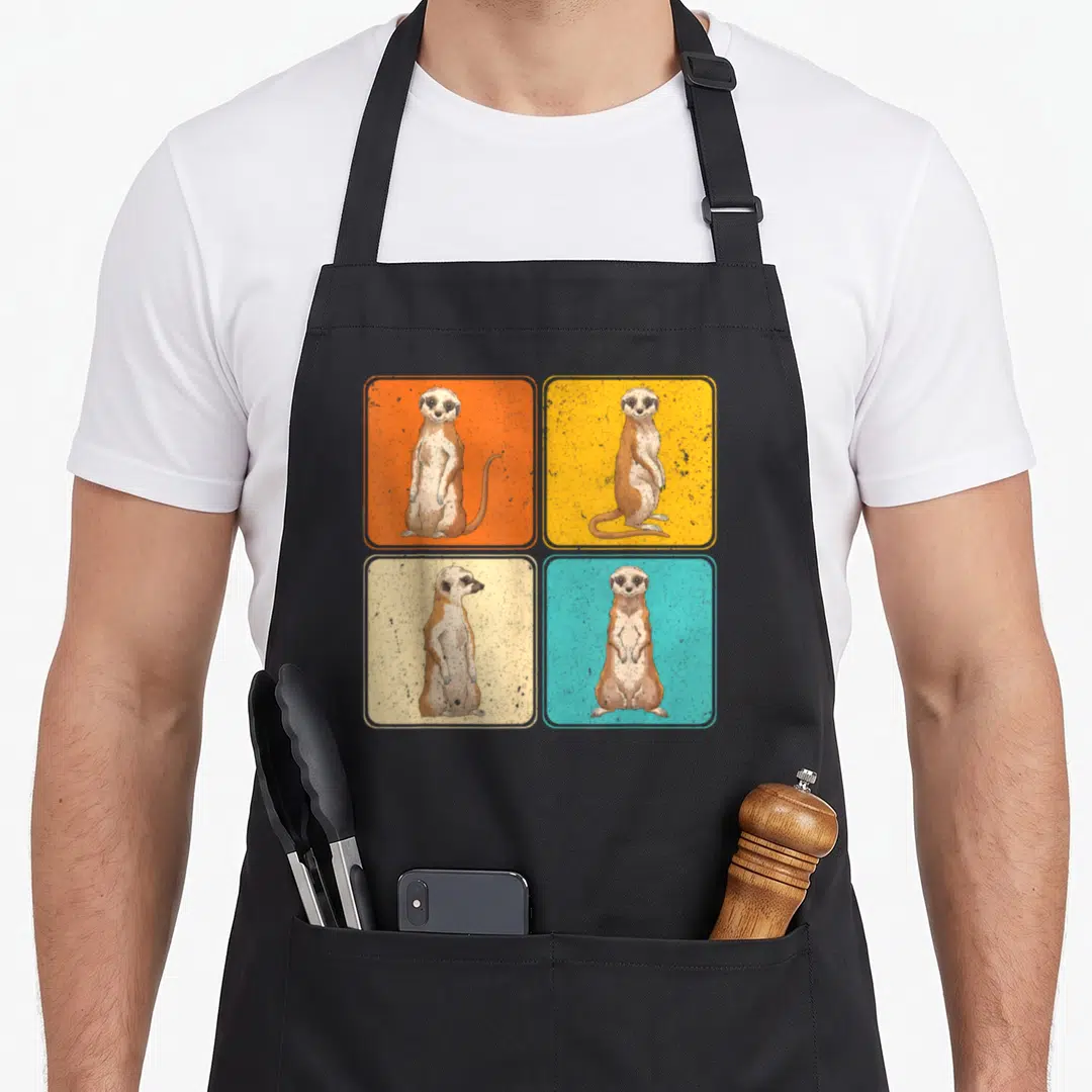Pop africa animal apron - Four cartoon meerkats in orange yellow beige and blue pop art squares — shown on a black cotton canvas apron against a white background
