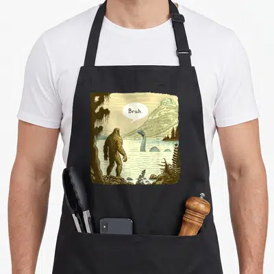 Ness bigfoot apron - Brown Bigfoot saying Bruh to a lake monster in retro style — shown on a black cotton canvas apron against a white background