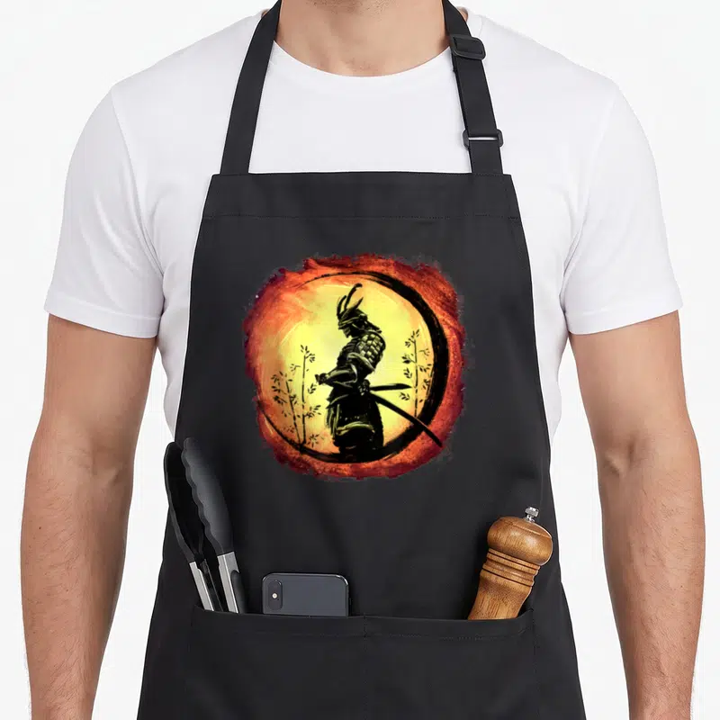 Yasuke japan apron - Black samurai silhouette with katana, red brushstroke circle, yellow sun, and bamboo stalks — shown on a black cotton canvas apron against a white background