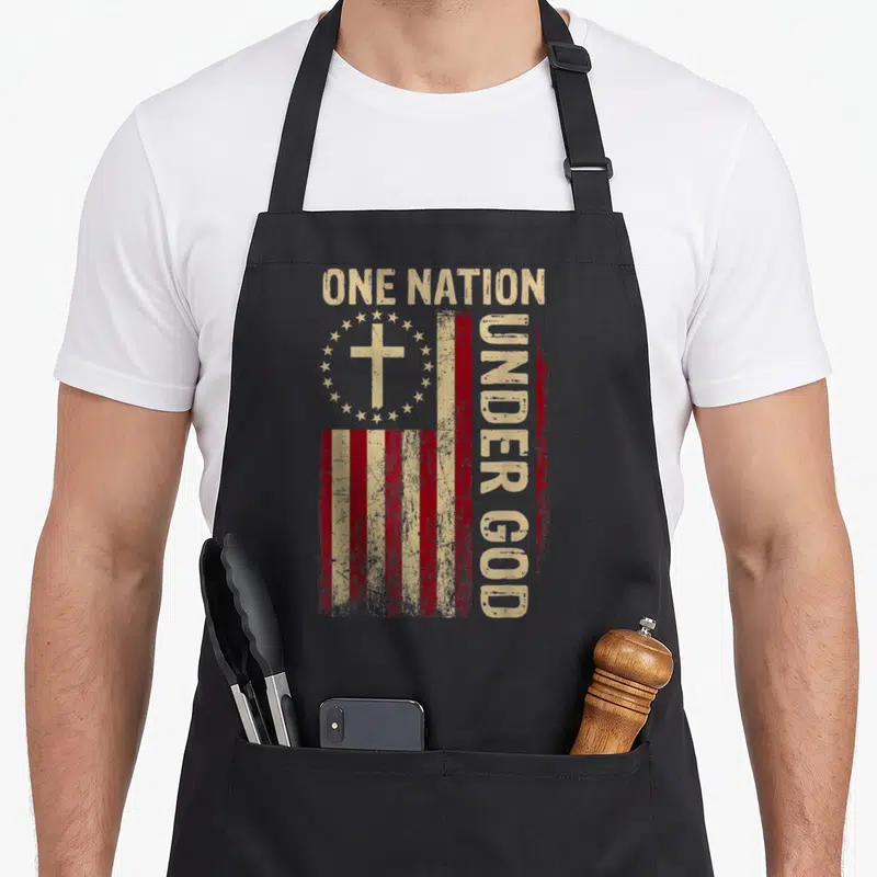Nation 4th of july apron - Distressed red beige flag with cross stars and ONE NATION UNDER GOD text — shown on a black cotton canvas apron against a white background