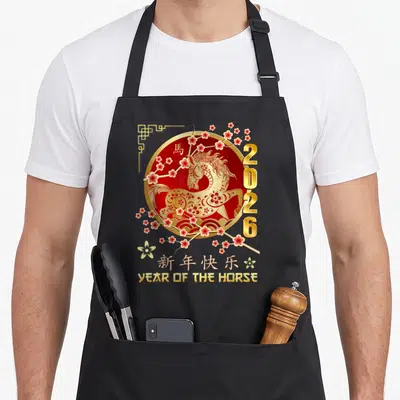 Chinese horse apron - Gold horse in red circle with 2026 and cherry blossoms — shown on a black cotton canvas apron against a white background