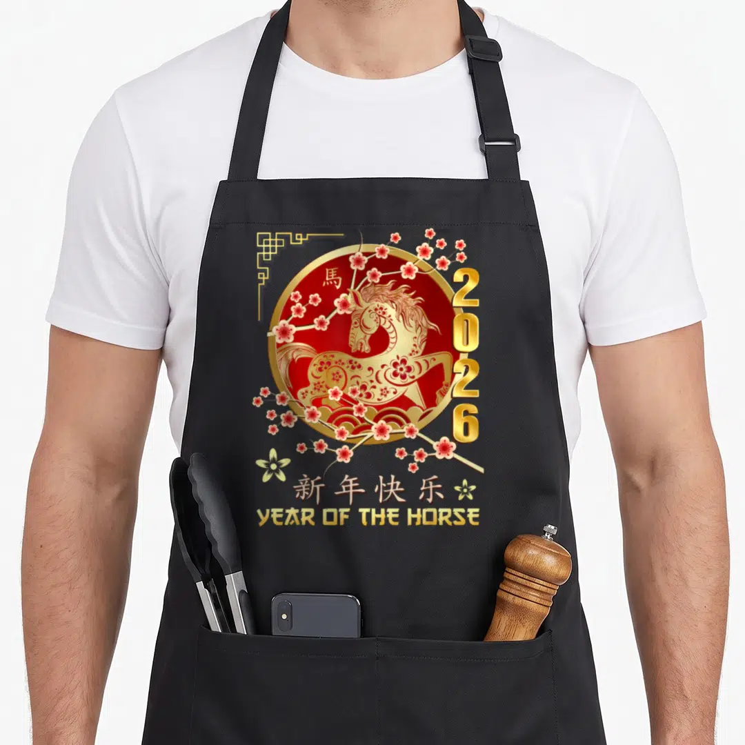 Chinese horse apron - Gold horse in red circle with 2026 and cherry blossoms — shown on a black cotton canvas apron against a white background